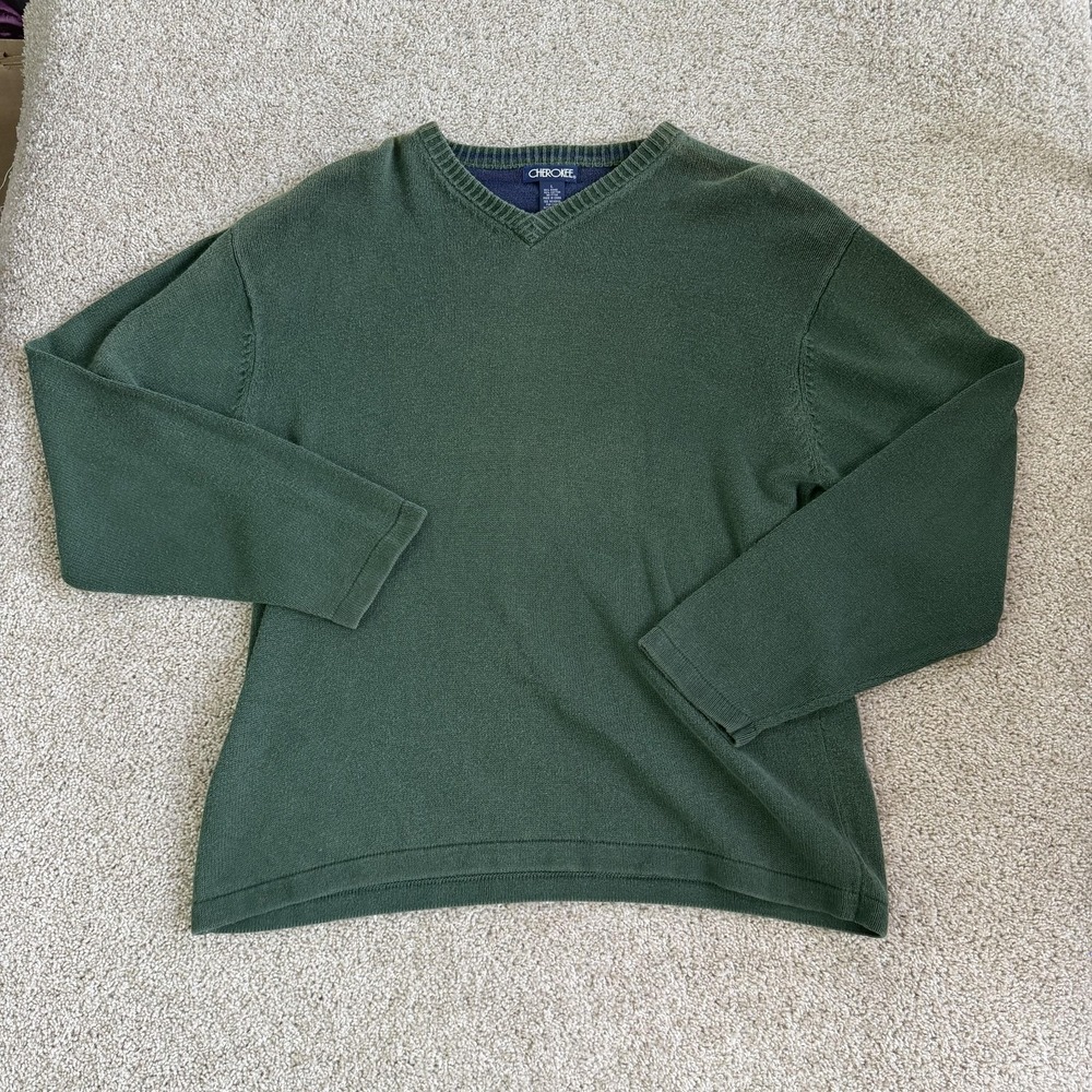 Cherokee Sweater Mens Large Green Ramie Cotton Tight Knit V Neck Pullover